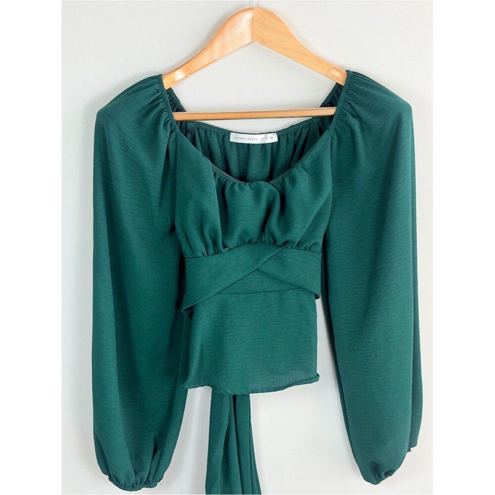 Altar’d State Emerald Green Tie Back Balloon Sleeve Blouse XS